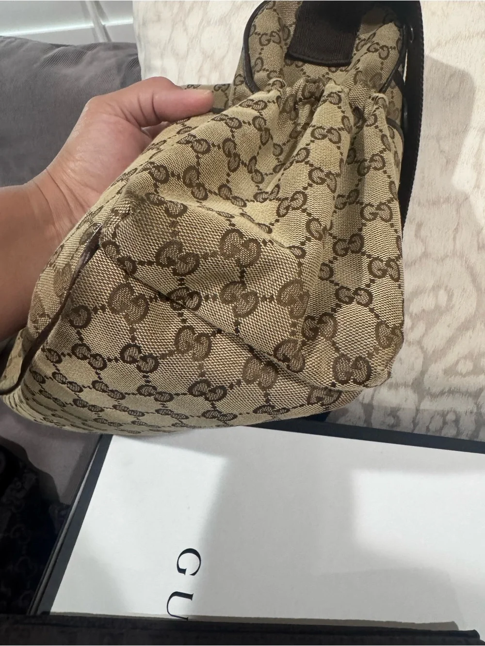 Gucci Beige GG Canvas Baby Messenger Bag with Dark Brown Trim